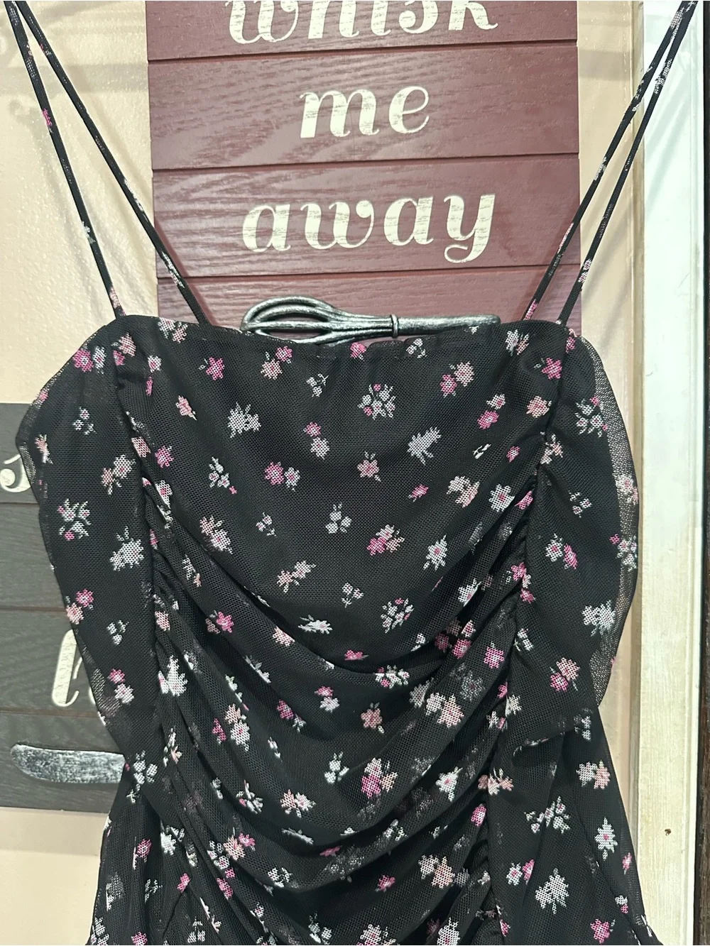 Black Floral Draped Bodysuit with Pink Accents